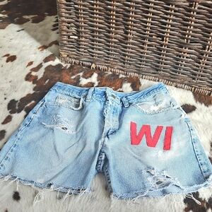 Riders by Lee Distressed Blue Jean Shorts with Red WI Patch